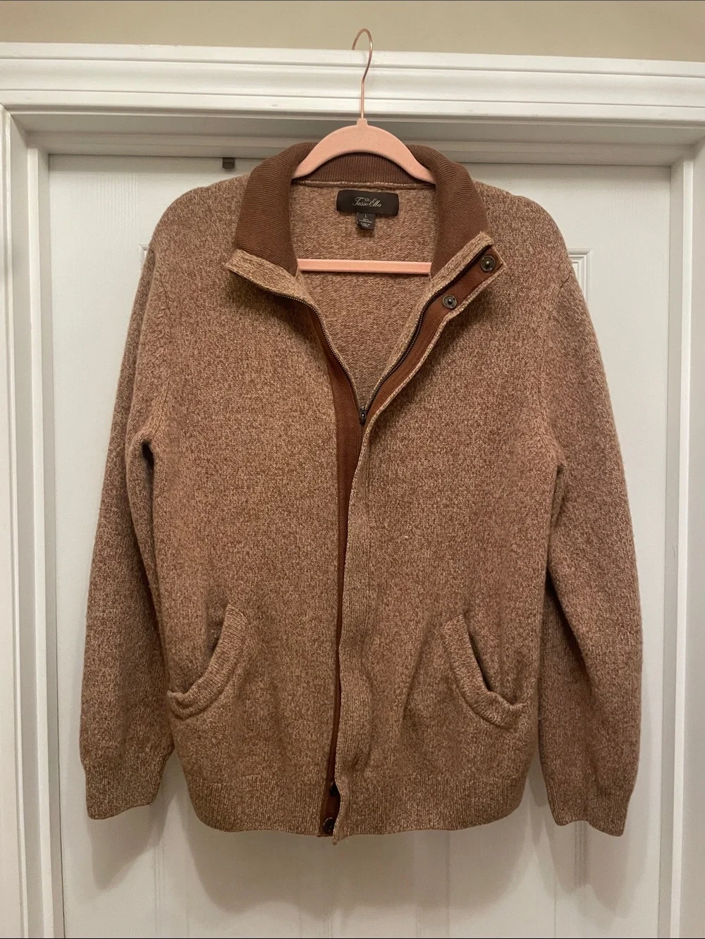 Tasso Elba Men's tan Brown Full-Zip Knit Sweater Jacket 100% Lambswool size L